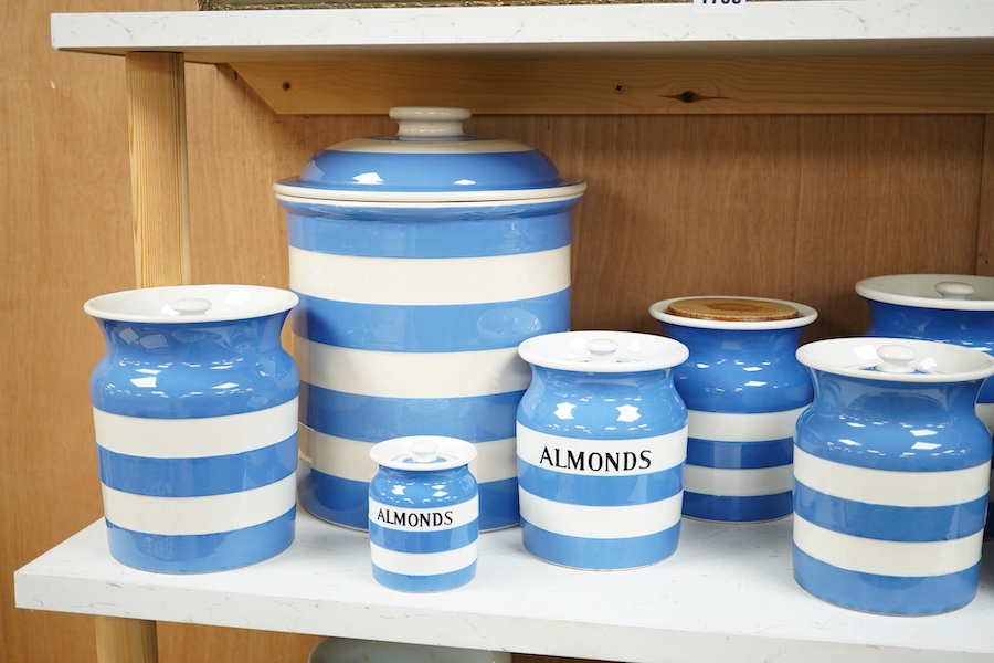 A quantity of T. G. Green ‘Cornishware’, kitchen storage jars and covers, tallest bread bin and cover 29cm high. Condition - some staining and crazing, mostly good